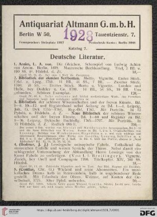 Nr. 7: Katalog / Antiquariat Altmann G.m.b.H., Berlin: Deutsche Literatur