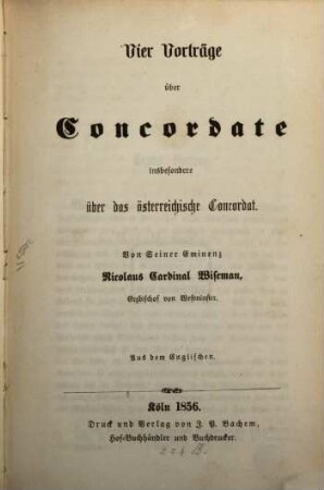 Vier Vorträge über Concordate : insbesondere über das österreichische Concordat