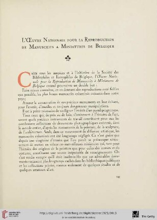 L'œvre nationale pour la reproduction de manuscrits à miniatures de Belgique