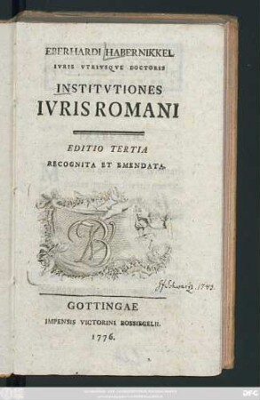 Eberhardi Habernikkel Ivris Vtrivsqve Doctoris Institvtiones Ivris Romani