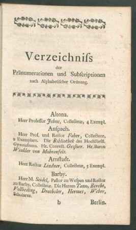 Verzeichniss der Pränumerationen und Subscriptionen nach Alphabetischer Ordnung