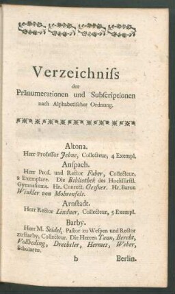 Verzeichniss der Pränumerationen und Subscriptionen nach Alphabetischer Ordnung