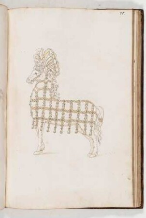 Pferd mit prunkvollem Prachtreitzeug und Federkopfschmuck, in: Equestrium statuarum [...] formae [...] artificiosissime pictis, Bl. 70