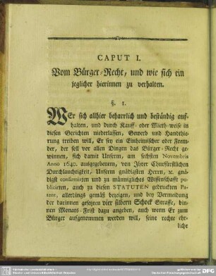 Caput I. Vom Bürger-Recht, und wie sich ein jeglicher hierinnen zu verhalten
