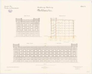 Proviantamt, Köln Mehlspeicher: Querschnitt, Straßen-, Hof- und Giebel-Ansicht, 1:100