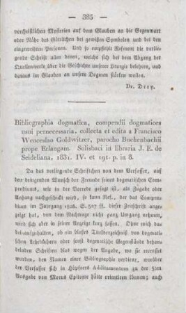 385-387 [Rezension] Goldwitzer, Franz Wenceslaus, Bibliographia dogmatica