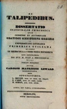 De talipedibus : Diss. inaug. chir. ; cum. tab. lith.
