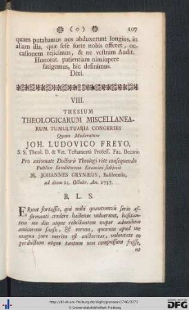 VIII. Thesium Theologicarum Miscellanearum tumultuaria congeries.