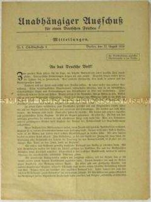 Aufruf des "Unabhängigen Ausschuß für einen Deutschen Frieden" an das deutsche Volk für einen Siegfrieden und Annexionen bis zum Ende des Krieges