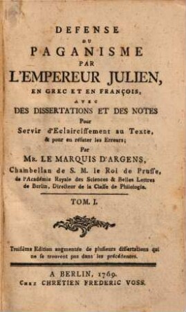 Defense du paganisme, 1. (1769). - 167 S.