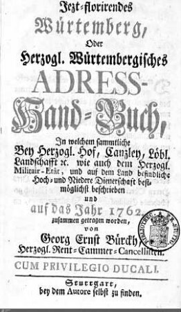 1762: Württembergisches Adressbuch, 1762