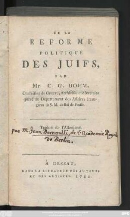 De La Reforme Politique Des Juifs