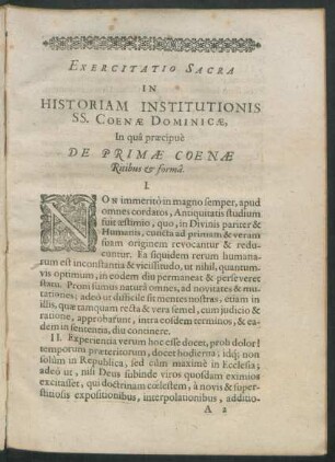 Exercitatio Sacra In Historiam Institutionis SS. Coenae Dominicae, In qua praecipue De Primae Coenae Ritibus & forma.