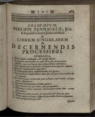 Prooemium, Philippi Tennagelii, Jcti. & Imperialis Cameræ Judicii Assessoris. In Librum Singularem De Decernendis Processibus.