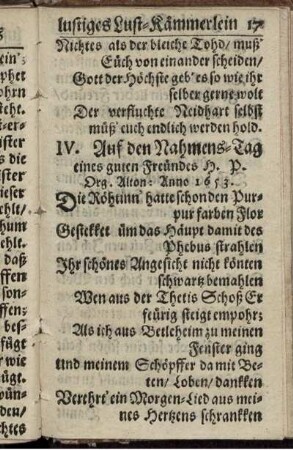 IV. Auf den Nahmens-Tag eines guten Freundes H. P. Org. Alton: Anno 1653