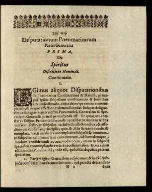 Disputationum Pneumaticarum Partis Generalis Prima.