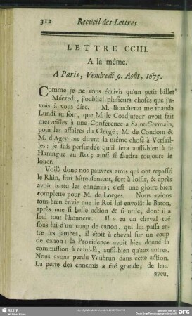 Lettre CCIII. A la même. A Paris, Vendredi 9. Août, 1675