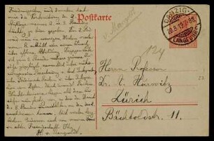 Nr. 2: Postkarte von Hans Mangoldt an Adolf Hurwitz, Danzig, 28.8.1919