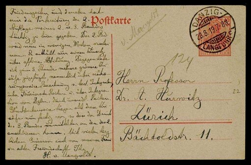 Nr. 2: Postkarte von Hans Mangoldt an Adolf Hurwitz, Danzig, 28.8.1919