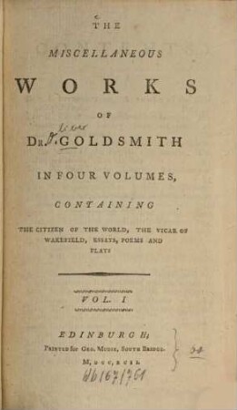 The miscellaneous works. 1. The citizen of the world. - 1792. - 224 S.