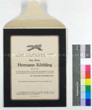 Todesanzeige von Anna Köchling, geb. Meyer, Witwe von Hermann Köchling, adressiert an Familie Wilhelm Köchling in Berlin (mit integriertem Briefumschlag)