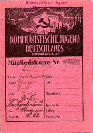 Mitgliedsausweis der Kommunistischen Jugend Deutschlands