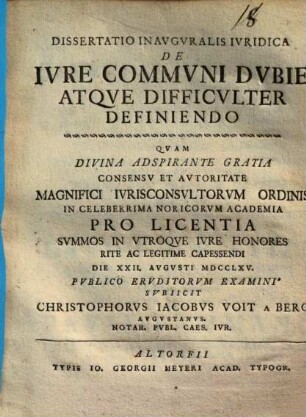 Dissertatio inauguralis iuridica de iure communi dubie atque difficulter definiendo