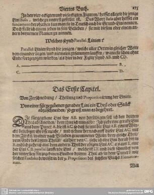 Das Erste Capitel. Von Zerschneidung / Theilung und Proportionirung der Linien.