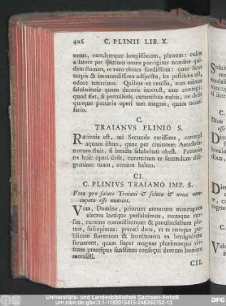 CI. C. Plinius Traiano Imp. S. Vota pro salute Traiani & soluta & nova nuncupata esse nuntiat.