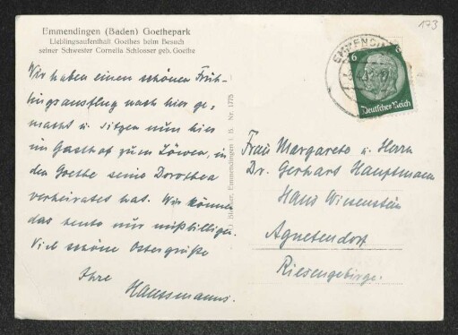 Brief von Hermann Haussmann und Hildegard Haussmann an Gerhart Hauptmann und Margarete Hauptmann