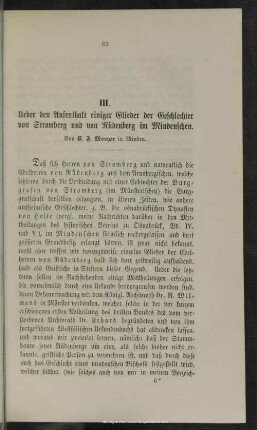 III. Ueber den Aufenthalt einiger Glieder der Geschlechter von Stromberg und von Rüdenberg im Mindenschen
