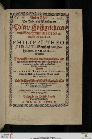 [Druck:] Paracelsus, Opera, Bd. 2, Basel: Konrad von Waldkirch, 1589