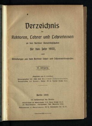 75: Verzeichnis der Rektoren, Lehrer und Lehrerinnen an den Berliner Gemeindeschulen - 75.1920