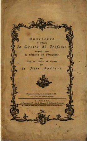 Ouverture de l'opéra la grotta di Trofonio : arrangée pour le clavecin ou fortepiano avec flute ou violon ad libitum