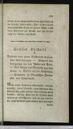 Sechster Abschnitt. Beispiele eines guten Geschmacks in poetischen Uebersetzungen