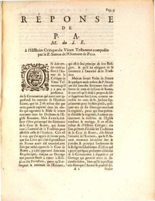 Réponse De Pierre Ambrun Ministre du Saint Evangile, A L'Histoire Critique du Vieux Testament, composé par le P. Simon de l'Oratoire de Paris