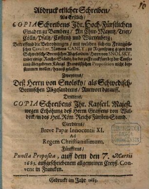 Abdruck etlicher Schreiben, als erstlich Copia Schreibens I. Hochfürstl. Gnaden zu Bamberg an Chur Mayntz, Trier ...