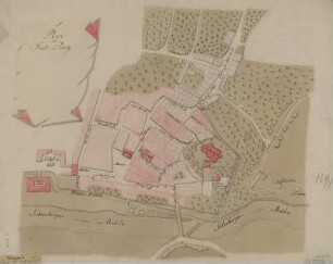 Plan der Stadt Penig, Handzeichnung, um 1750 : Plan der Stadt Penig. - [S.l.] , [um 1750]. - 1 Kt. : Handzeichng. ; Blattgr. 53 x 42 cm