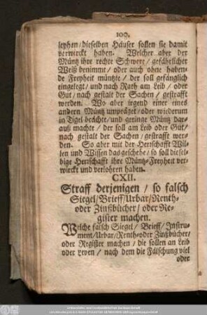 CXII. Straff derjenigen/ so falsch Siegel/ Brieff/ Urbar/ Renth- oder Zinßbücher/ oder Register machen.