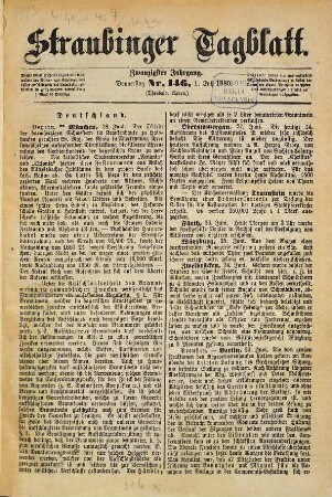 Straubinger Tagblatt : Straubinger Zeitung ; Straubinger Anzeiger ; gegründet 1860, 20. 1880, 2