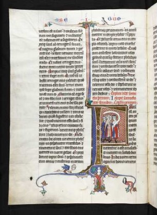 Deckfarbeninitiale F mit bewohnten Randausläufern, historisiert: David im Gespräch mit Juden