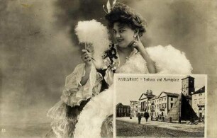 Postkartenalbum August Schweinfurth mit Karlsruher Motiven. "Karlsruhe - Rathaus und Marktplatz"