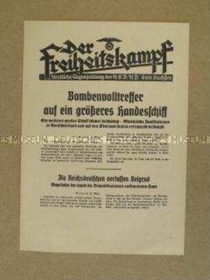 Nachrichtenblatt der Tageszeitung der NSDAP Sachsen "Der Freiheitskampf" über deutschfeindliche Unruhen in Belgrad