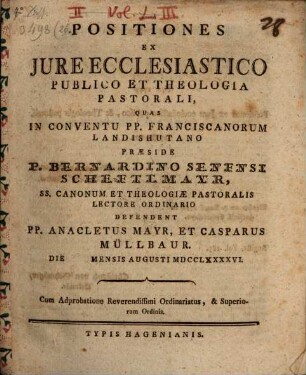 Positiones ex iure eccles. publ. et theologia pastorali