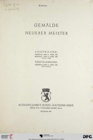 Nr. 1955: Katalog / Rudolph Lepke's Kunst-Auctions-Haus, Berlin: Gemälde neuerer Meister : Versteigerung: 13. April 1926