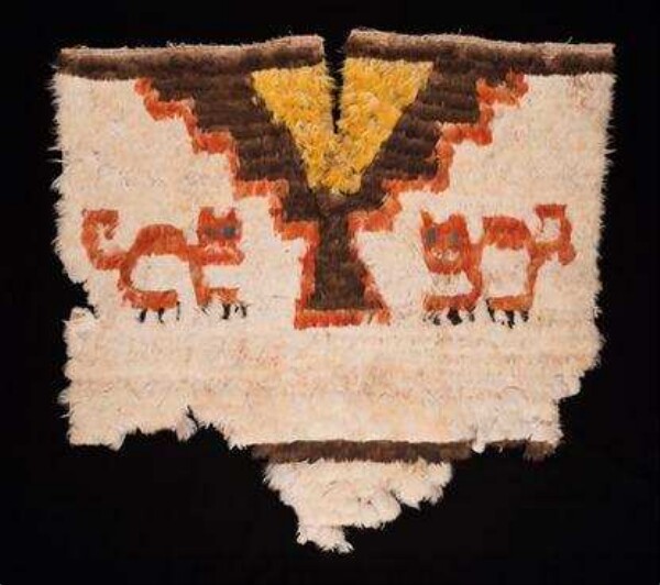 Fragment of a feather tunic, puma motif on both sides