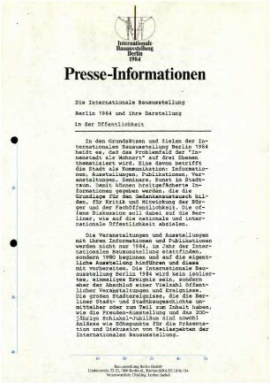 Presse-Information: Darstellung der IBA 1984 in der Öffentlichkeit