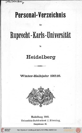 Personal-Verzeichnis der Ruprecht-Karls-Universität in Heidelberg im Wintersemester 1915/1916 bis Sommersemester 1920