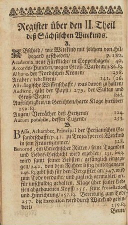 Register über den II. Theil deß Sächsischen Witekinds.