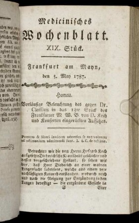 XIX. Stück. Frankfurt am Mayn, den 5. May 1787. - XXI. Stück. Frankfurt am Mayn, den 26. May 1787.